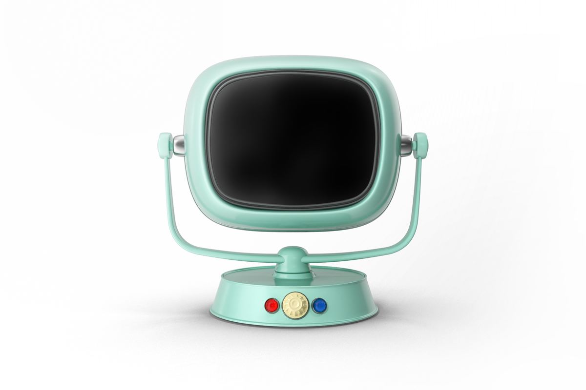 A mint retro television on a round base with a red button, a gold knob and a blue button; its screen is black